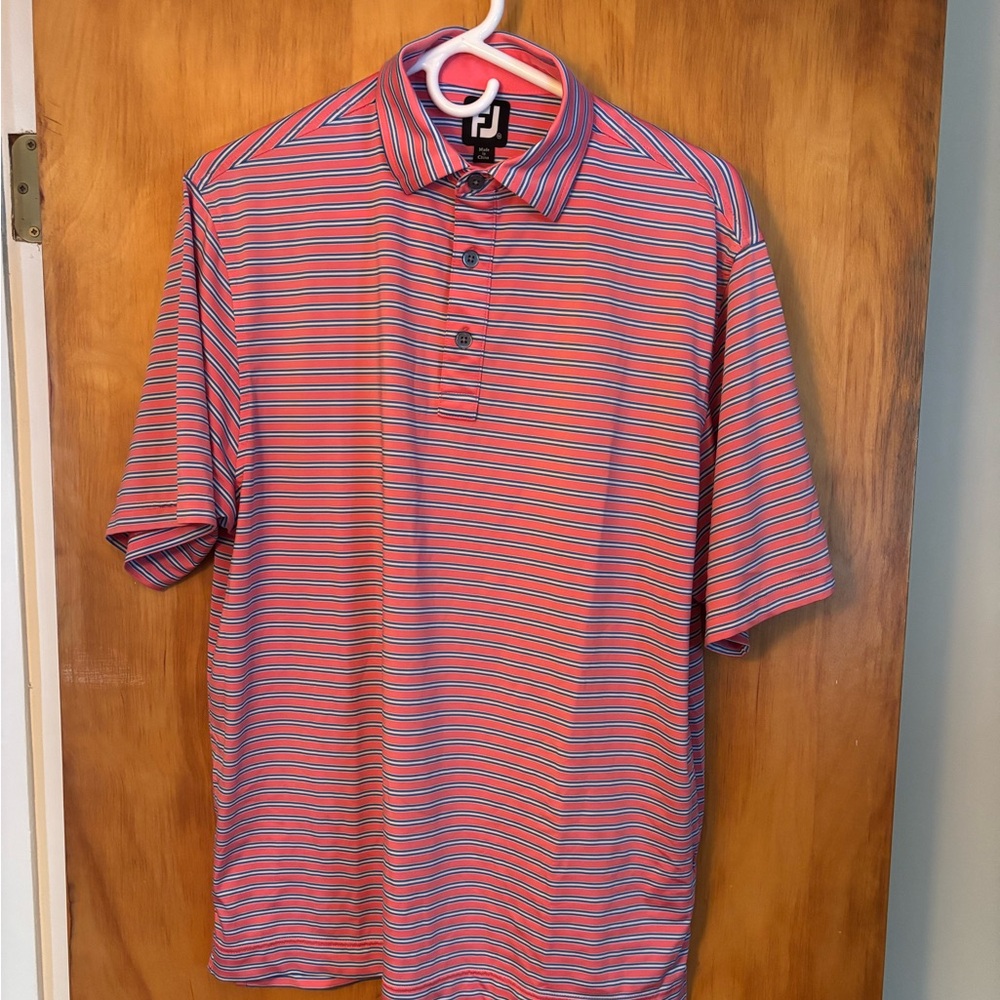 Footjoy FJ Golf Polo Men’s size large Shirt Short Sleeve Pink Blue Stripe Golf